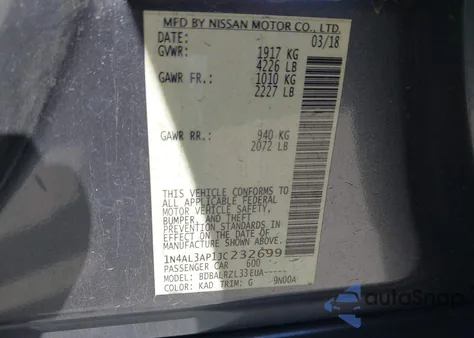 2018 Nissan Altima 2.5 Sl z USA, uszkodzony, nr VIN 1N4AL3AP1JC232699